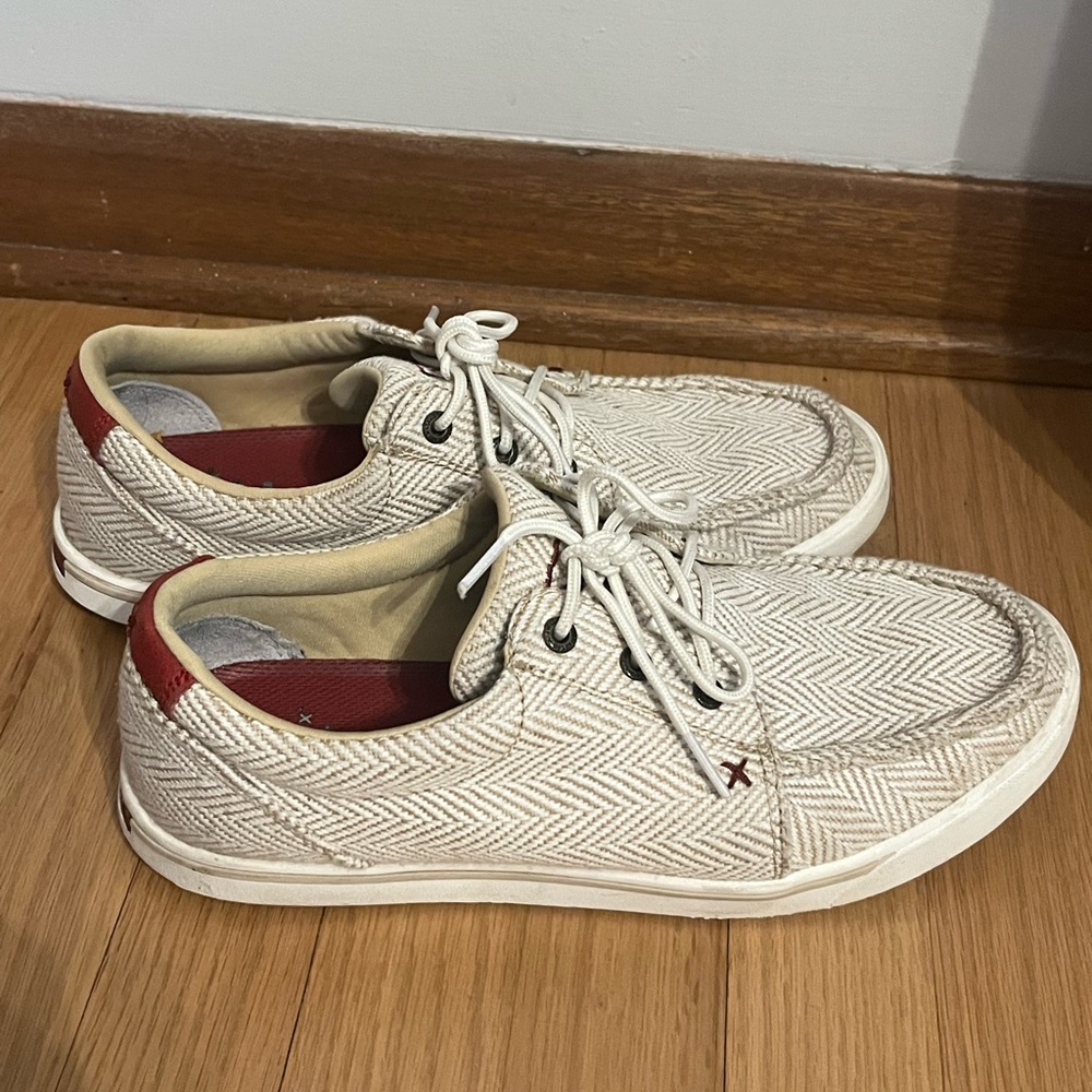Twisted X Cream Canvas Boat Shoes with Red Heel Accent